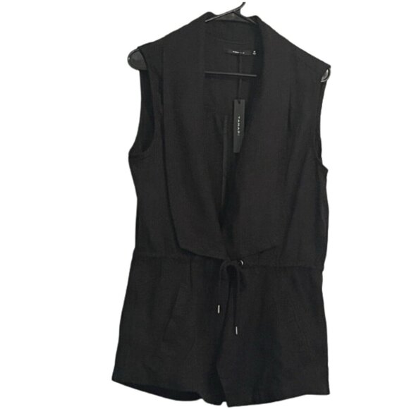 Tahari Black Drawstring Waist Vest Shawl Collar Slit Pockets Back Vent - Picture 1 of 11